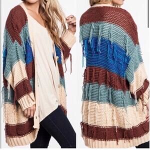 Umgee The Kaylen Cardigan Fringe Striped Color Block Knit Sweater S/M